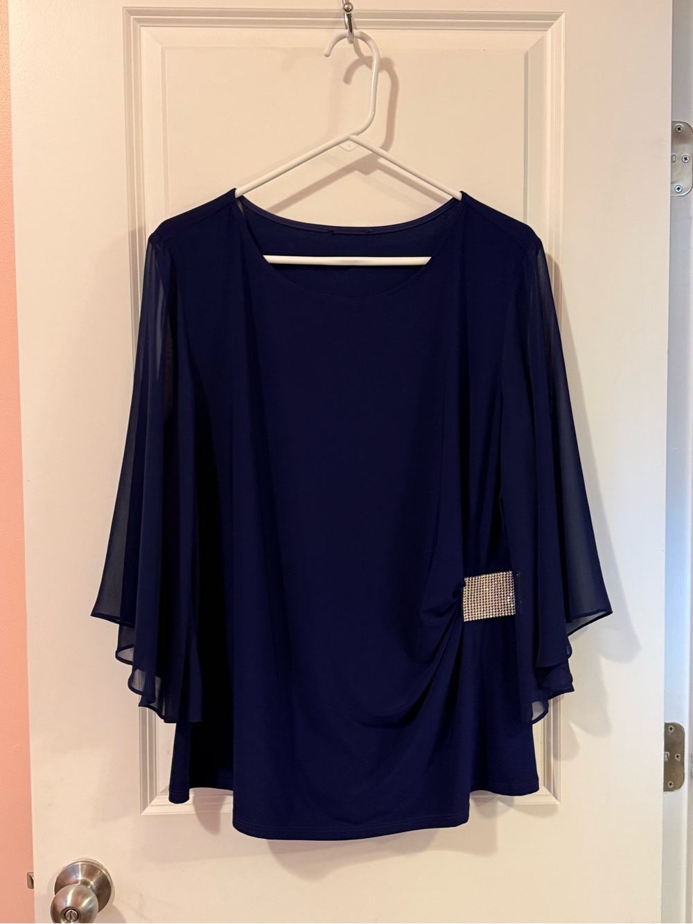 Navy Blue Draped Chiffon Sleeve Top with Rhinestone Accent